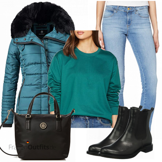 Outfit mit Schwarz/Braun/Dunkelrot Lederjacke/Flache Stiefelette/Chelsea Boot Ecco "Tommy Hilfiger Tashen"