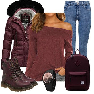 Outfit mit Dunkelrot/Bordeaux/Lila Gefütterte Stiefelette/SpringerStiefel/Biker Boot/Leder Stiefelette/Wasserdichter Stiefel/Klassischer Stiefel/SchnürStiefelette Rieker "Cooles Winter Outfit"