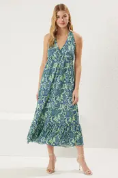 Blue Ethnic Printed V Neck Skirt Ruffle Pleated Ribbed Elastic Maxi Knit Dress