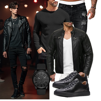 Outfit mit Schwarz Jacke mit Seitlichem Reißverschluss/Kunstlederjacke/Motorradjacke/Bikerjacke Redbridge "Freizeit Outfit"