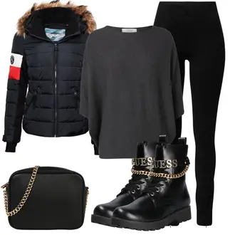 Outfit mit Schwarz/Grau/Dunkelgrau Strick Große/Klassische Tunika/Bluse Lederjacke/Oversize Bluse/Tuniken-Shirt/Shirt & Top Große Größe/Tunika/Pullover Mit Fledermausärmel/Kaschmir Pullover JdY "Cool für die Freizeit"