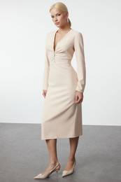 Stone Body-hugging Zipper Detailed Midi Woven Dress