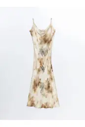 LCW Vision Blue Printed Draped Collar Straped Batik Patterned Satin Women's Dress