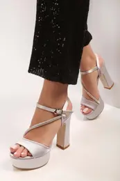 Women's Flora Silver Satin Stones Platform Heels.
