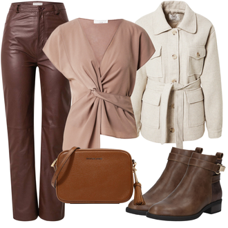 80er Outfit mit Braun/Dunkelbraun/Beige Rahmengenähter Schuh/Vintage Stiefel/Vintage Stiefelette/Reitstiefel/Gefütterte Stiefelette/Leder Stiefelette/Cowboystiefel/Klassischer Stiefel/Chelsea Boot/Lederjacke About You "Freizeit Outfit"Look: Uni, 80er, Country Styl, Cowgirl, Duckfeet, Schön, Western