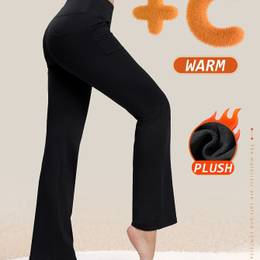 Women's Plus Size Fleece-lined Yoga Flare Pants - High Stretch, Slimming Casual Activewear With Pockets