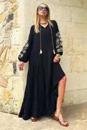 Trend Alaat Stili Women's Black Prevailing Collar Sleeves Embroidered Layered Flounced Woven Viscose Dress