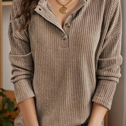 -size Women's Red Ribbed Long Sleeve Top With Decorative Buttons - V-neck, Stretchy Polyester , Machine Washable - Fall & Winter, Casual Women's