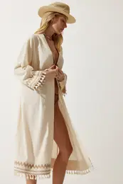 Happiness stanbul Women's Cream Tassel Guipure Detail Long Linen Kimono