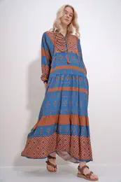 Trend Alaat Stili Women's Brown-Blue Collar Tassel Detailed Layered Flounced Ethnic Patterned Woven Viscose Dress