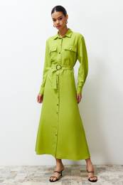 Oil Green Gold Button Detailed Woven Shirt Dress