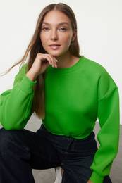 Green Relaxed Cut Crop Basic Crew Neck Thick Fleece Inside Knitted Sweatshirt