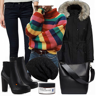 Lack Outfit mit Schwarz/Dunkelblau Kurzmantel/Kapuzenmantel/Mantel mit Reißverschluss/Mantel mit Fellkragen/Wintermantel/Parka Only "Only Parka"Look: Stil, Lack, Empire, Sportlich, Workwear, Outdoor