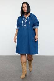 Curve Blue Rigid Denim Shirt Collar Lace Up Plus Size Dress
