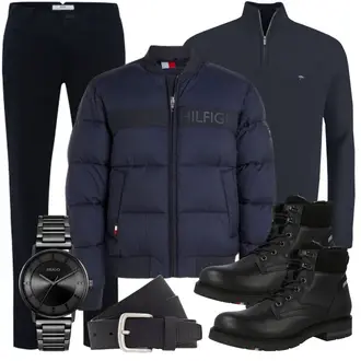 Winter Outfit mit Schwarz Wattierte Stiefel/Motorradstiefel/Wasserdichter Stiefel/Schnürstiefelette/Springerstiefel Tommy Hilfiger "Freizeit Outfit"