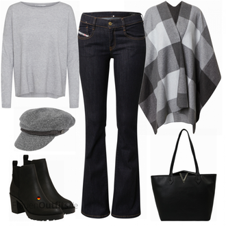 Outfit mit Schwarz Chelsea Boot/Lederjacke/Leder Stiefelette/Gefütterte Stiefelette/Gummistiefelette Only "Poncho Herbstoutfit"
