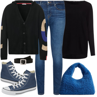Outfit mit Weiß/Schwarz Strickjacke/Oversized Zip Hoodie/Oversize Musselin Bluse Zero "Frühlings Outfit"