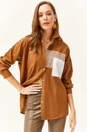 Women's Brown Pocket Detailed Oversize Woven Shirt
