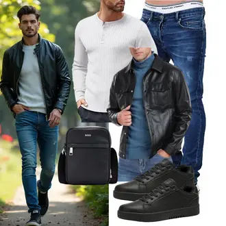 Patches Outfit mit Schwarz/Rot/Blau Lederjacke/Vintage Lederjacke/KunstLederjacke Sailwind "Freizeit Outfit"