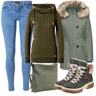 Outfit mit DunkelGrün/Braun/Grün/Schwarz TrekkingStiefel/Winter Stiefelette/Winter Stiefel/Winterschuh/Winter Sneaker Rieker "Outfit für den Herbst"