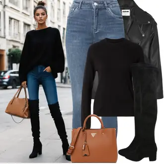 Outfit mit Schwarz Overknee Stiefel/Flache Overknee Stiefel/Kniehoher Stiefel/Leder Overknee Stiefel/Langer Stiefel About You "Frühling outfit"