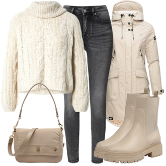 S Resicama Outfit sa Bež/Smeđa/Kaki Kožna Jakna/Podstavljena Gležnjača/Gumena Gležnjača/Ravna Gležnjača/Chelsea Gležnjača About You "Zimski outfit za slobodno vrijeme"
