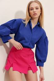 Trend Alaat Stili Women's Sax Balloon Sleeve Concealed Fly Basic Poplin Shirt