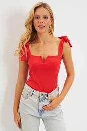 Women's Red Shoulder Tie Blouse