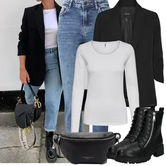 Kombinacije za festival sa Crna Dugi Sako/Kožna jakna za muškarce/Sako Jakna/Oversize Sako/Sakoi za Bluzu/Sako od smokinga/Boyfriend Sako/Elegantni Sako/Kratki Sako/Kožna Jakna za Muškarce VERO MODA, Crna/Siva Mokasin/Mokasin/Papuča/Debele Tenisice/Tenisice s patentnim zatvaračem sa strane/Rupičasta tenisica/Barefoot cipela About You "Proljetni Outfit"