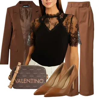 Outfit mit Dunkelbraun/Braun Mantel/Blazerjacke/Blazer mit Feder/Blusenblazer/Boyfriend Blazer/Lederjacke/Eleganter Blazer/Longblazer/Oversize Blazer/Lederjacke für Männer Pieces "Eleganter Look"