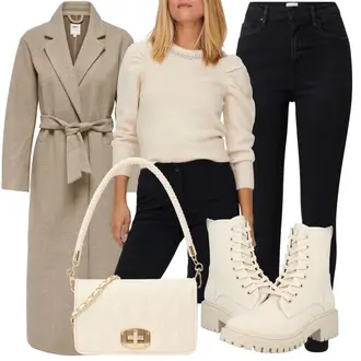 Outfit Inspo 90er mit Schwarz/Dunkelblau High Waist Jeans/Push up Jeans/Winterjacke/Leder Schuhe/Thermojeans/Jeans mit Schlitz/Damen 7/8-Länge Jeans/Slim Fit Jeans/Knöchelstiefel Armedangels "Praktisches Outfit Inspo"Look: Uni, Lack, 90er, Coole, Schön, Old Money, Schlichte