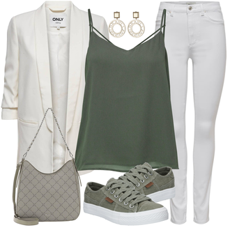 Lang Outfit mit Weiß/Creme/Schwarz Mantel/Strick Große/Bluse und Tunika Tunika/Boyfriend Blazer/Eleganter Blazer/Longblazer/Oversize Blazer Only "Outfits für jeden Tag"