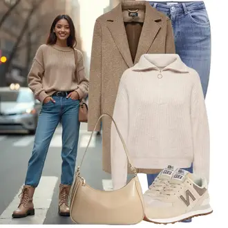 Winter Outfits Elegant mit Beige/Khaki/Braun Sommer Sneaker/Walkingschuh/Leder Sneaker/Sneaker Low/Winter Sneaker/Vintage Sneaker New Balance, Beige/Braun/Khaki Schultertasche/Umhängetasche/Baguette-Tasche Hoxis "Schönes Frühlingsoutfit"Look: Sportlich, 70er, Retro, Elegant, 80er, Classic, Löwe, Esthetische, Schick, Stil, Indoor, Old Money, Jazz, Safari