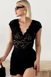 Trend Alaat Stili Women's Black Front And Back V Neck Lace Blouse