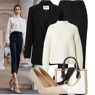 Mit Fransen Outfit mit Beige/Schwarz Mantel/Boyfriend Blazer/Lederjacke/Longblazer/Oversize Blazer/Lederjacke für Männer Only "Eleganter Look"