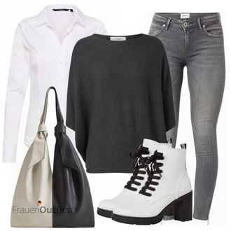 Outfit mit Schwarz/Grau/Dunkelgrau Strick Große/Klassische Tunika/Bluse Lederjacke/Oversize Bluse/Tuniken-Shirt/Shirt & Top Große Größe/Tunika/Pullover Mit Fledermausärmel/Kaschmir Pullover JdY "Stilvoller Look für die Freizeit"