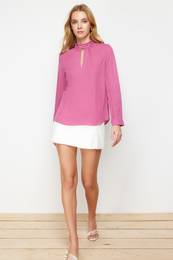 Purple Stand Collar Long Sleeve Woven Blouse