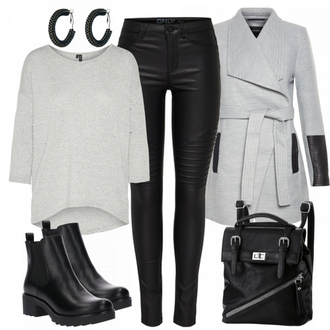 Oversize Kurz Outfit mit Schwarz Chelsea Boot/Lederjacke/Flache Stiefelette/Gummistiefelette About You "LeatherLove"Look: Uni, Schick, Edel, Coole, Oversize, Techno, Unisex, Wetlook