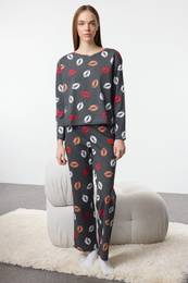 Anthracite 100% Cotton Lip Patterned Knitted Pajama Set