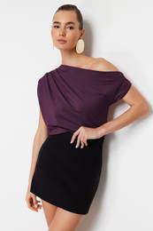Plum Regular/Normal Fit Asymmetrical Neckline Zero Sleeve Stretchy Knitted Blouse