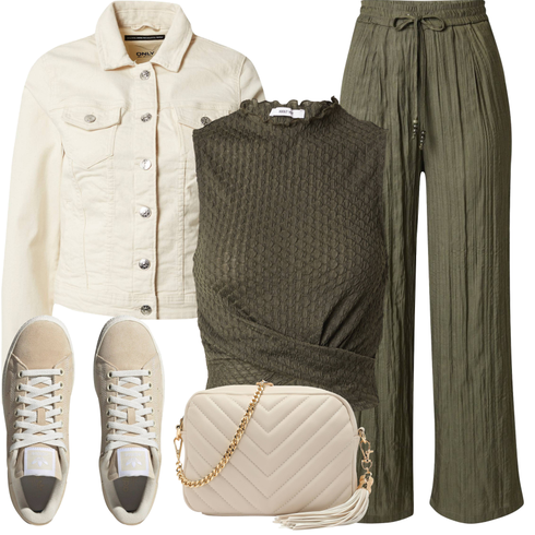 Comment poter Crème/Kaki/Beige/Blanc/Orange Veste de Printemps/Veste Courte/Veste Vintage/Veste Courte/Veste Courte en Jean/Veste en Velours Côtelé Only avec Vert foncé/Kaki Pantalon Grande Taille/Pantalon en Lin/Pantalon Froissé/Pantalon Paperbag/Pantalon en Mousseline/Pantalon Bavarois/Pantalon Plissé/Pantalon Palazzo/Pantalon de Plage About You