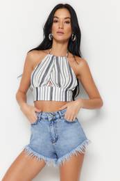 Striped Crop Woven Cut Out/Window Linen Look Beach Blouse