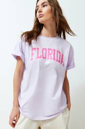 Lilac Oversize Printed Crew Neck Short Sleeve Knitted T-Shirt