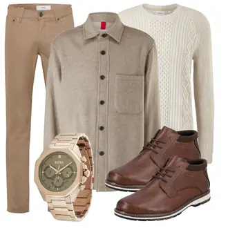 Extravagante Outfit mit Beige/Rosa/Gold/Dunkelgrün Kettenuhr/Uhrwerkzeug/Armbanduhr Boss "Freizeit Outfit"Look: Rap, Metal, Classic, Coole, Extravagante, Italienische, Schön, Sportlich, Unisex, Retro, 80er