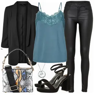 Party Outfits mit Schwarz/Weiß Lederjacke/Lederimitathose/Lederlegging/Leggings Lederoptik/Lederhose/Skinny Hose/Treggings/Biker Jeans/Thermojeans Vila "Outfit für die Party"