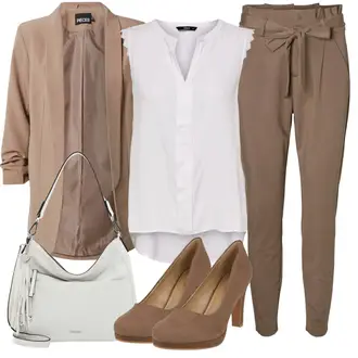 Edle Outfits Casual mit Braun/Khaki/Beige Hose Große Größe/Freizeithose/Musselin Hose/Paperbag Hose VERO MODA "Modischer Look"Look: Uni, Rad, Casual, Coole, Elegant, Schön, Old Money, Smart Casual, Outdoor