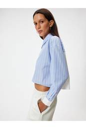Crop Shirt Poplin Long Sleeve Classic Collar Buttoned Piece Asymmetric Cut