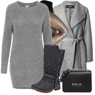 Skating Outfit sa Siva/Svjetlosiva/Tamnosiva Pletena Haljina/Džemper Haljina/Zimska Pletena Haljina Noisy may "Zimski outfit"Look: Umjetničko klizanje, Skating, Hodanje