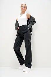 Trend Alaat Stili Women's Black Cargo Pocket Wide Leg Jeans