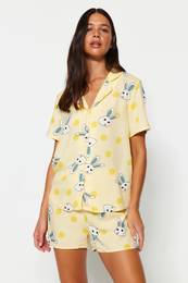 Yellow Rabbit Patterned Viscose Shorts Woven Pajama Set